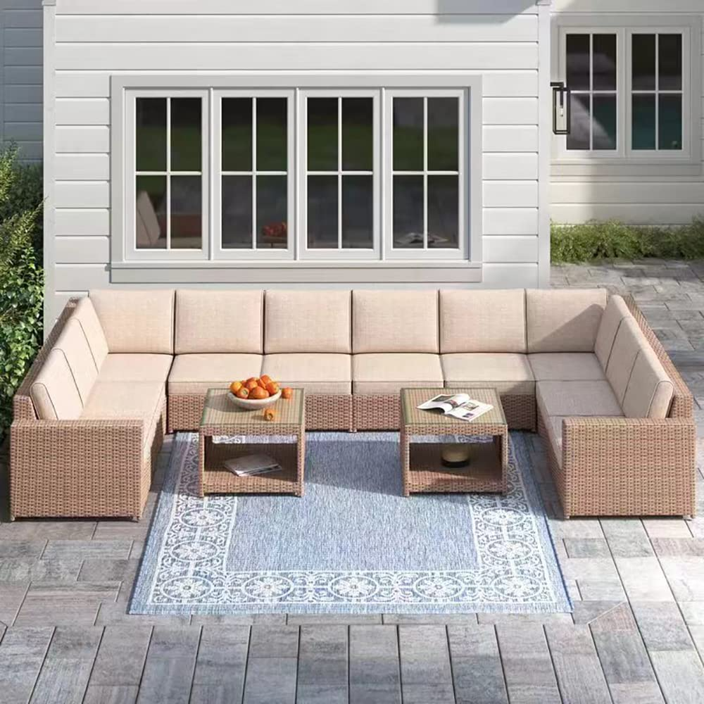 Wicker Patio Furniture Conversation Set Outdoor Rattan Sectional Couch Sofa with Coffee Table (12PCS Light Brown) B574