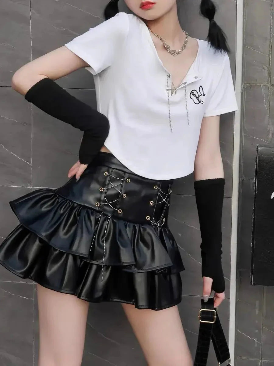 Grunge Lace Up Pu Leather Skirt Q3919