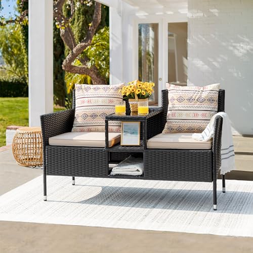 Beige Rattan 2-Seat Patio Loveseat with Cushions M464336