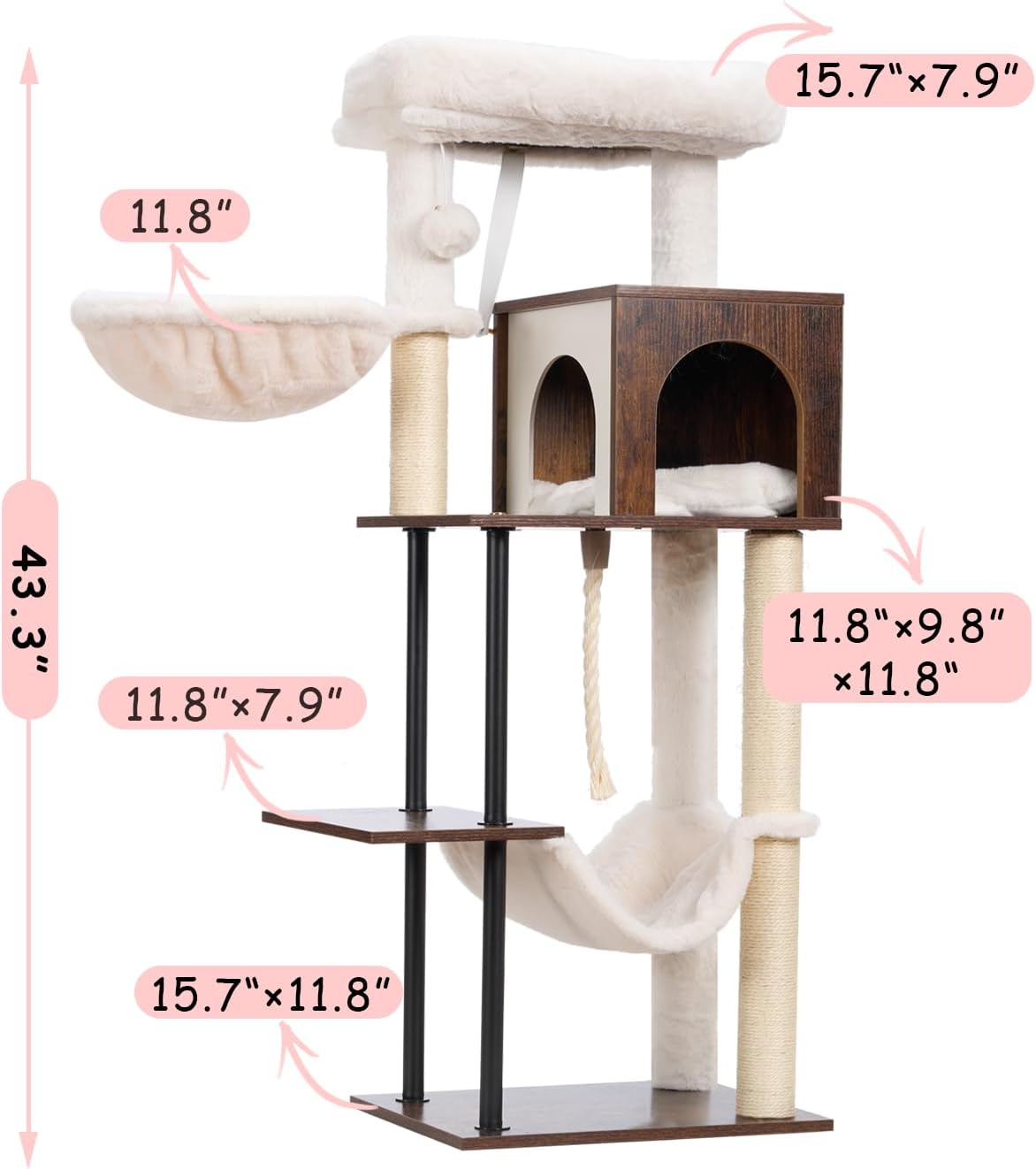 Rustic Brown 43.3in Wood Cat Tree with Sisal Rope Scratching Post Y777096
