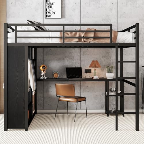 Full Size White Metal Loft Bed with Desk and Wardrobe J8561