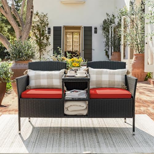 Beige Rattan 2-Seat Patio Loveseat with Cushions M464336