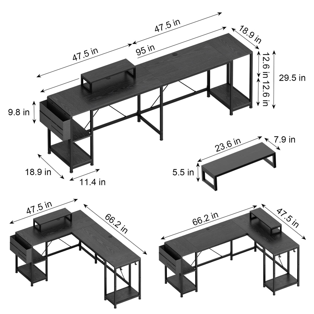 66 Inch Black L-Shaped Corner Desk with Shelves I295546