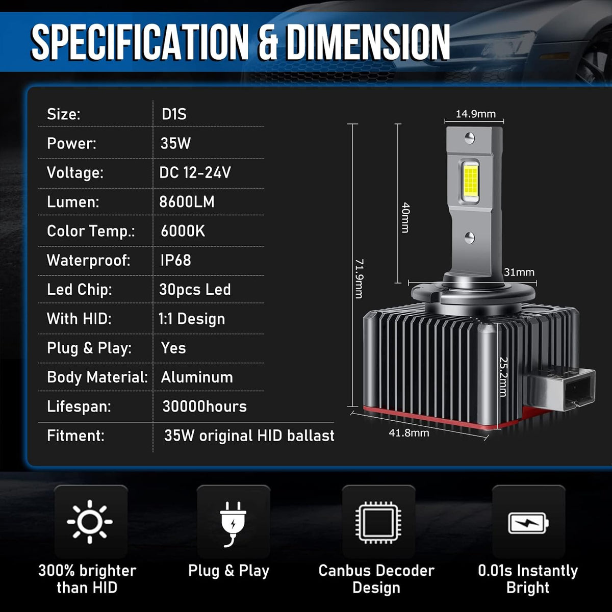 D1S LED Headlight Bulbs Conversion Kit, 8600LM 6000K 70W F150