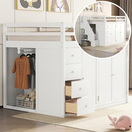 White Solid Wood Twin Size Loft Bed with L-Shaped Desk and Stairs L5945