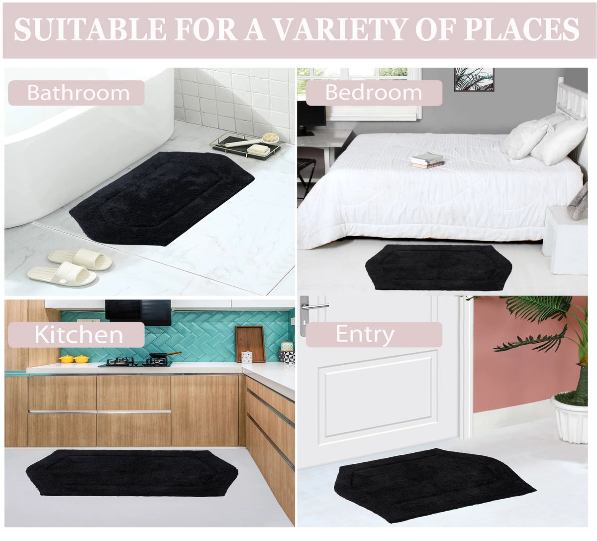 100% Cotton Tufted Non-Slip Bath Rug, 21"x34" Black O908166