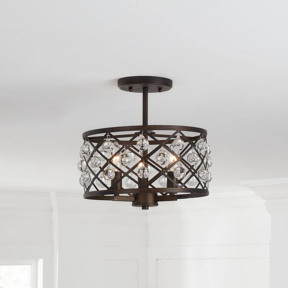 Aged Bronze Semi Flush Mount with Crystal Globes B5013