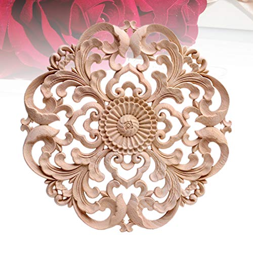 Wood Carved Onlay Applique Round Flower Unpainted Corner Decal Wood Wall Art 15x15cm H52000