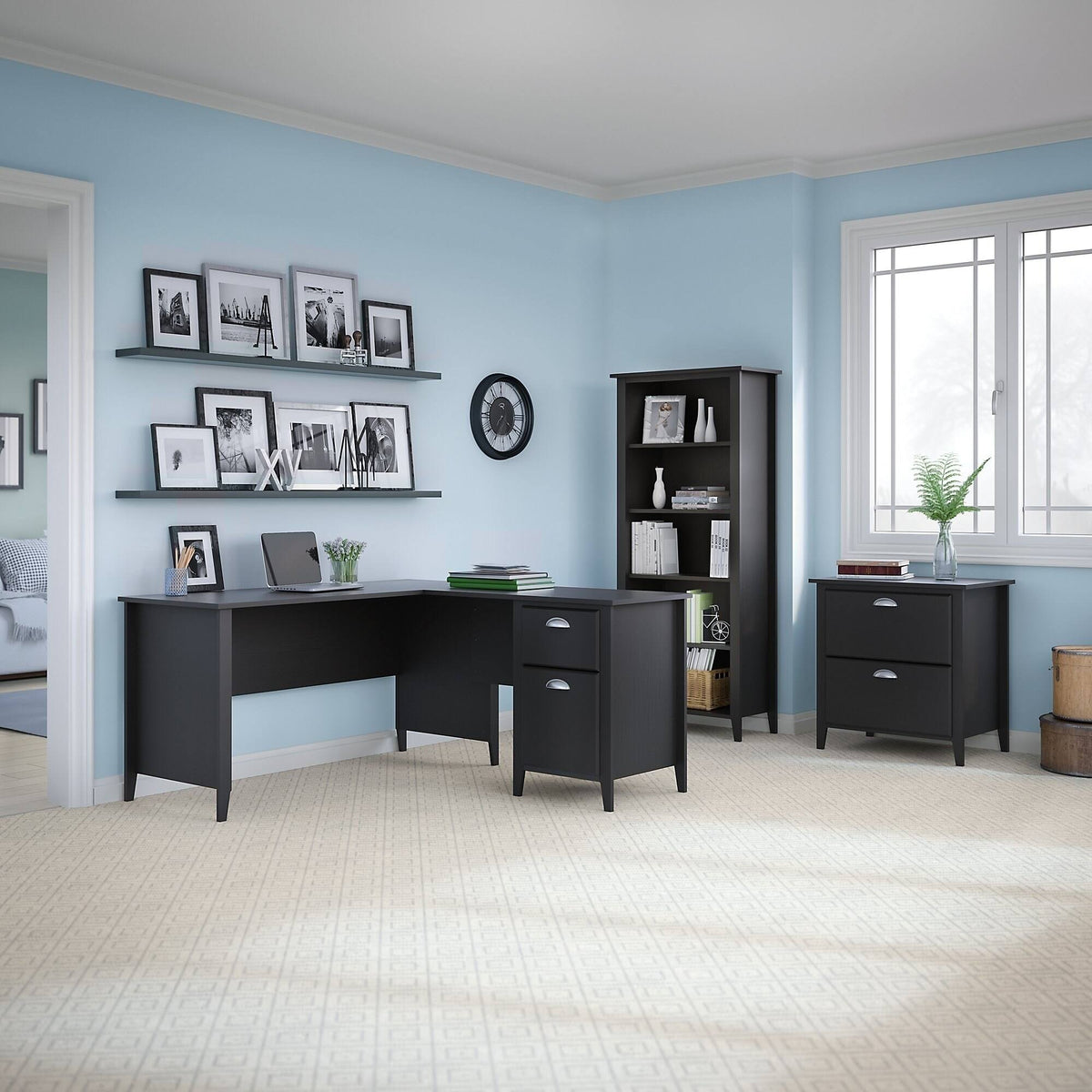 60W L Desk with Bookcase and Lateral File Y378