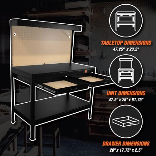 48-Inch Black Workbench with Power Outlets and Light E2139