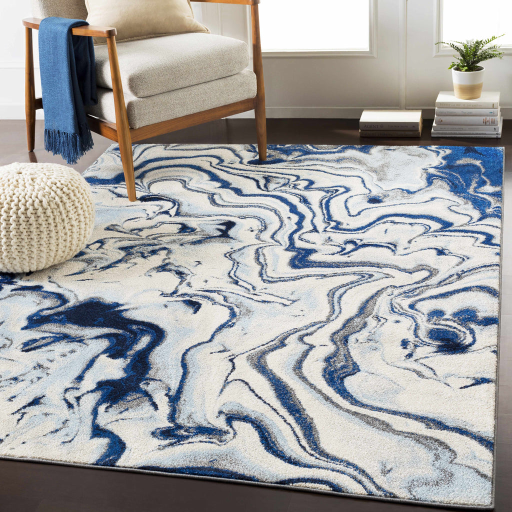 Abstract Coastal Area Rug - Marble Swirl Pattern - Ombre Blue, Royal Blue, Navy Blue, Grey, White - 5'3" x 7'3" B3965