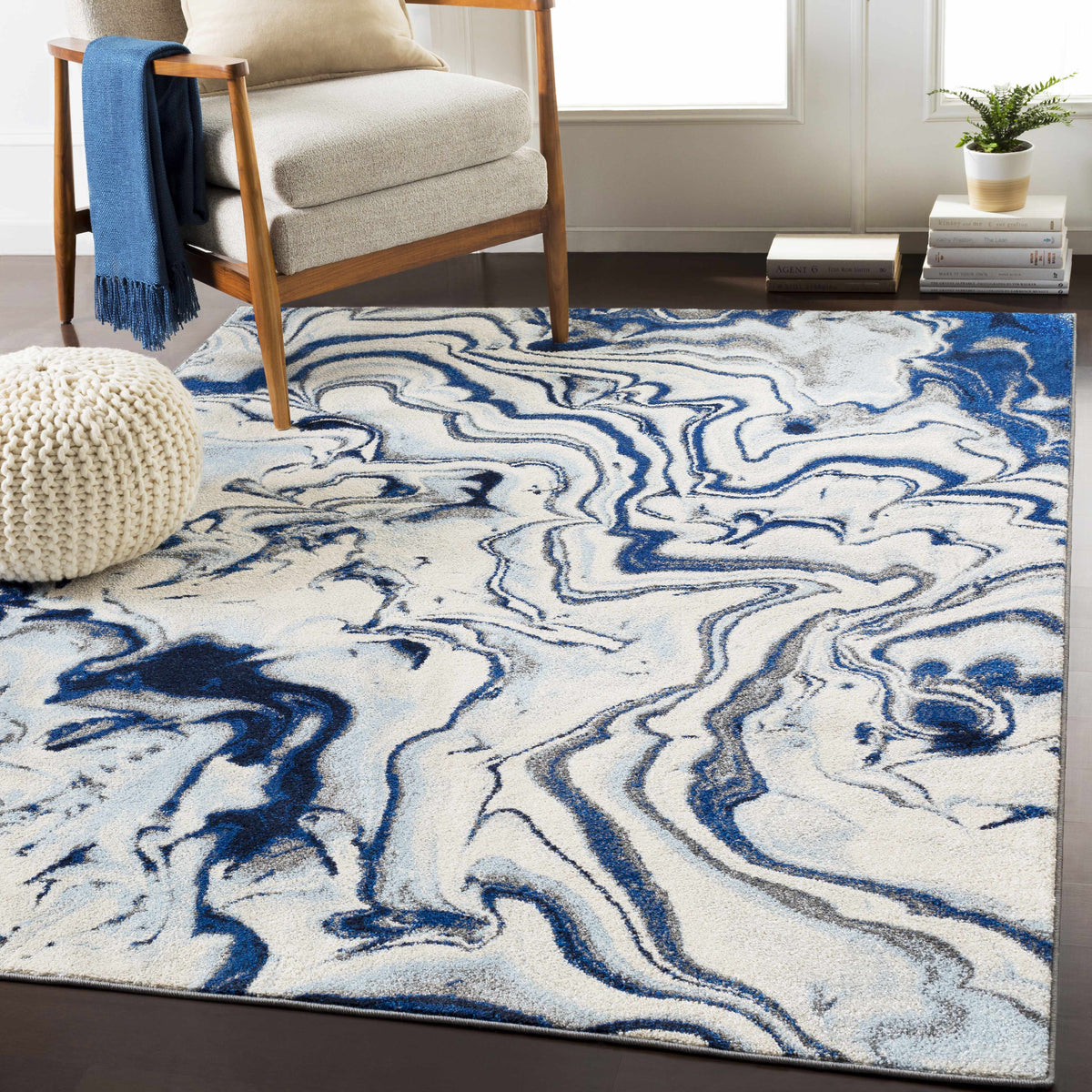 Abstract Coastal Area Rug - Marble Swirl Pattern - Ombre Blue, Royal Blue, Navy Blue, Grey, White - 5'3" x 7'3" B3965