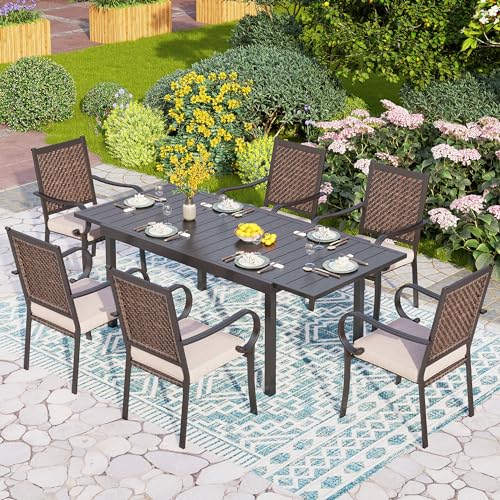 9 Piece Outdoor Extendable Dining Set with Rectangular Metal Dining Table and 8 Rattan Chairs N1509