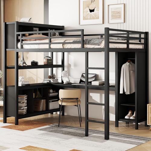 Full Size White Metal Loft Bed with Desk and Wardrobe J8561