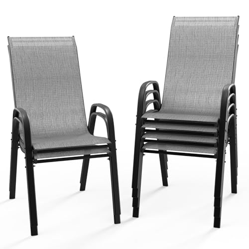 Black Set of 6 Stackable Outdoor Dining Chairs with Sling High Back and Armrests P3451