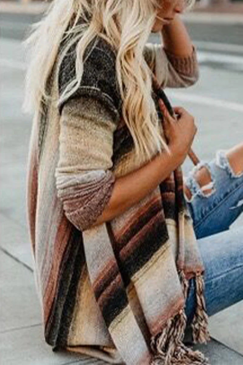 Striped Tassel Button Cardigan G7428