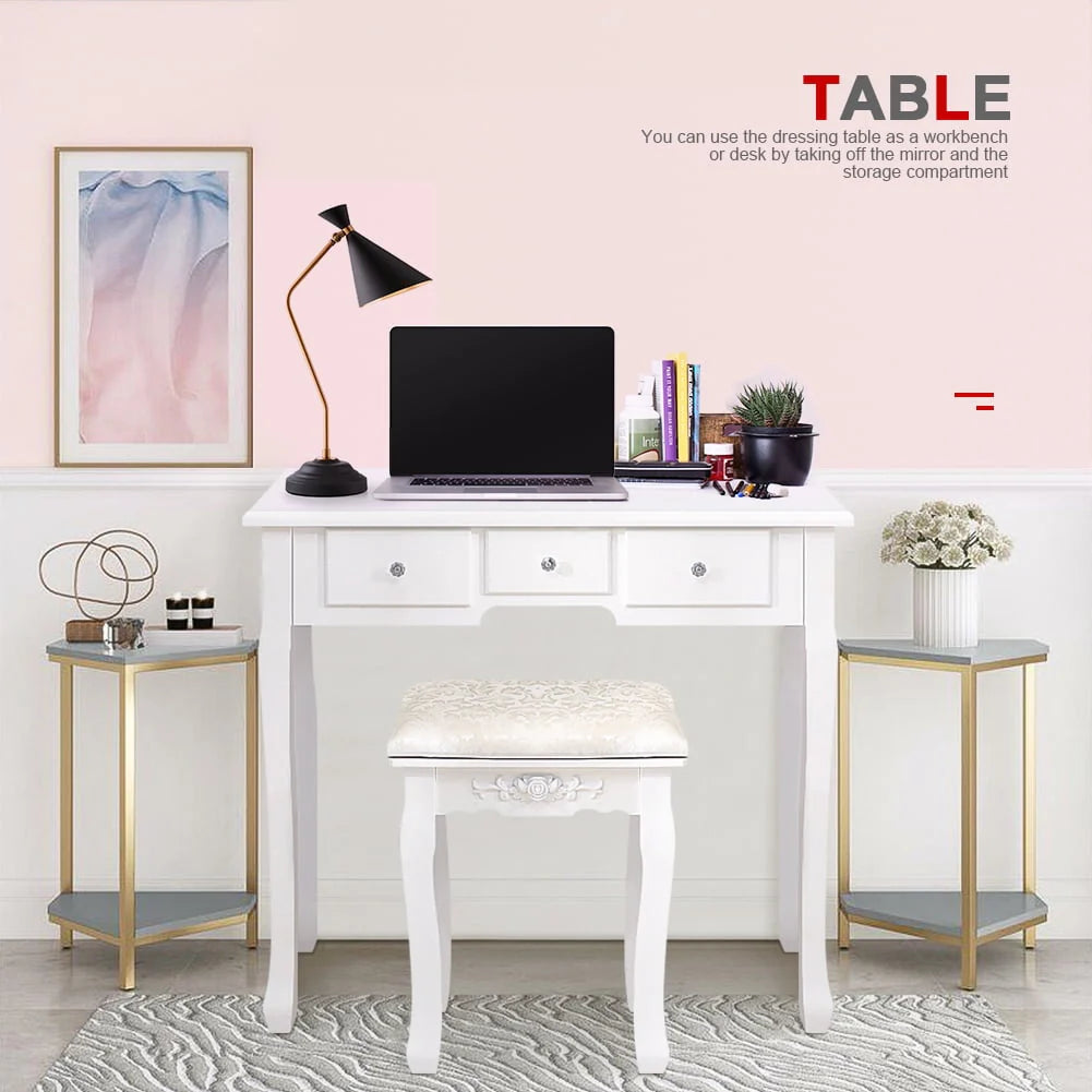 White 5 Drawer Vanity Table with Cushioned Stool Set F9501