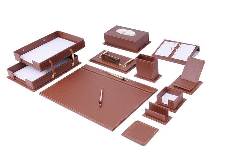 14 PCS Brown Bonded Leather Desk Organizer Set N17711