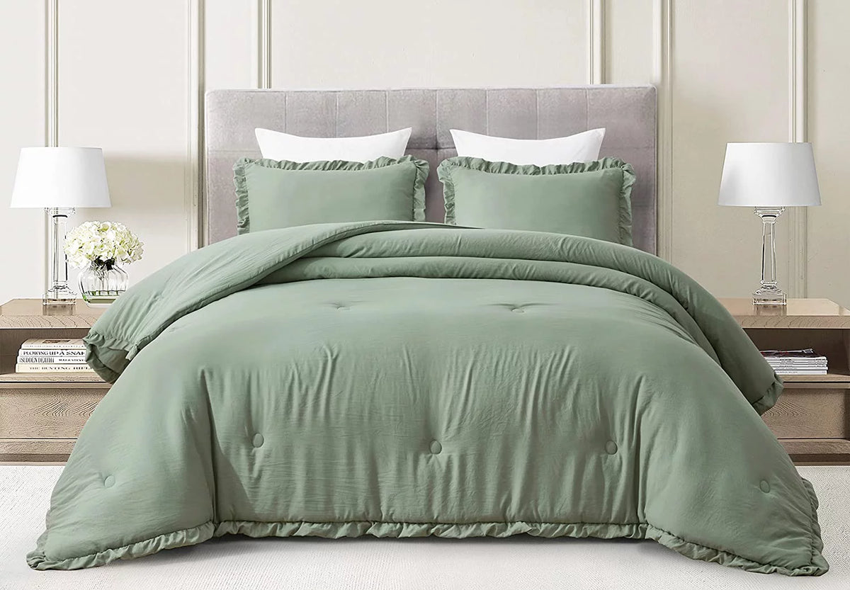 Sage Green Ruffled Edge Microfiber Comforter Set H254668