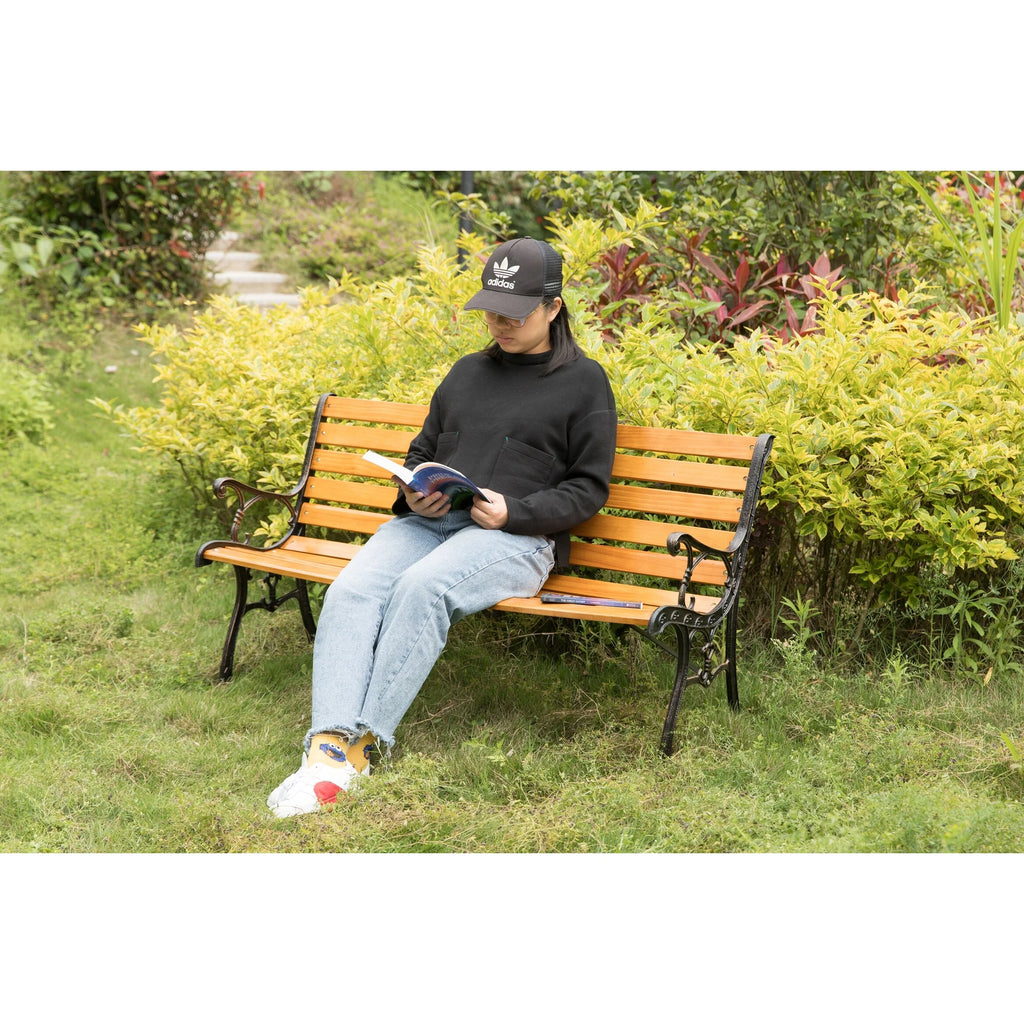 Wooden Outdoor Garden Bench with Steel Armrest & Legs Y799222