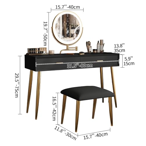Black 31.5in Vanity Desk Set with 360° Rotating Mirror and Lights, 2 Drawers, Stool U967707