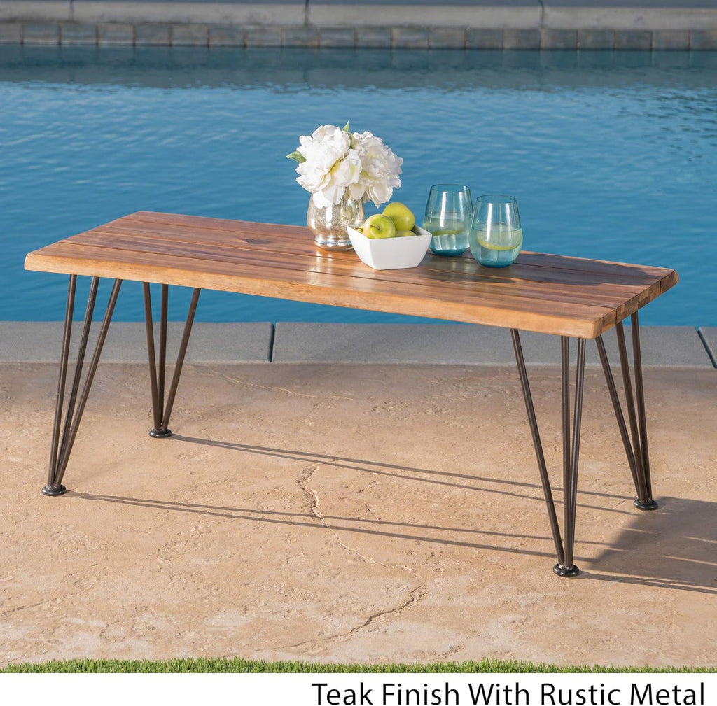 Outdoor Industrial Iron and Teak Finished Acacia Wood Coffee Table E381