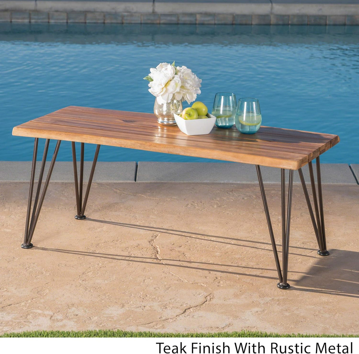 Outdoor Industrial Iron and Teak Finished Acacia Wood Coffee Table E381