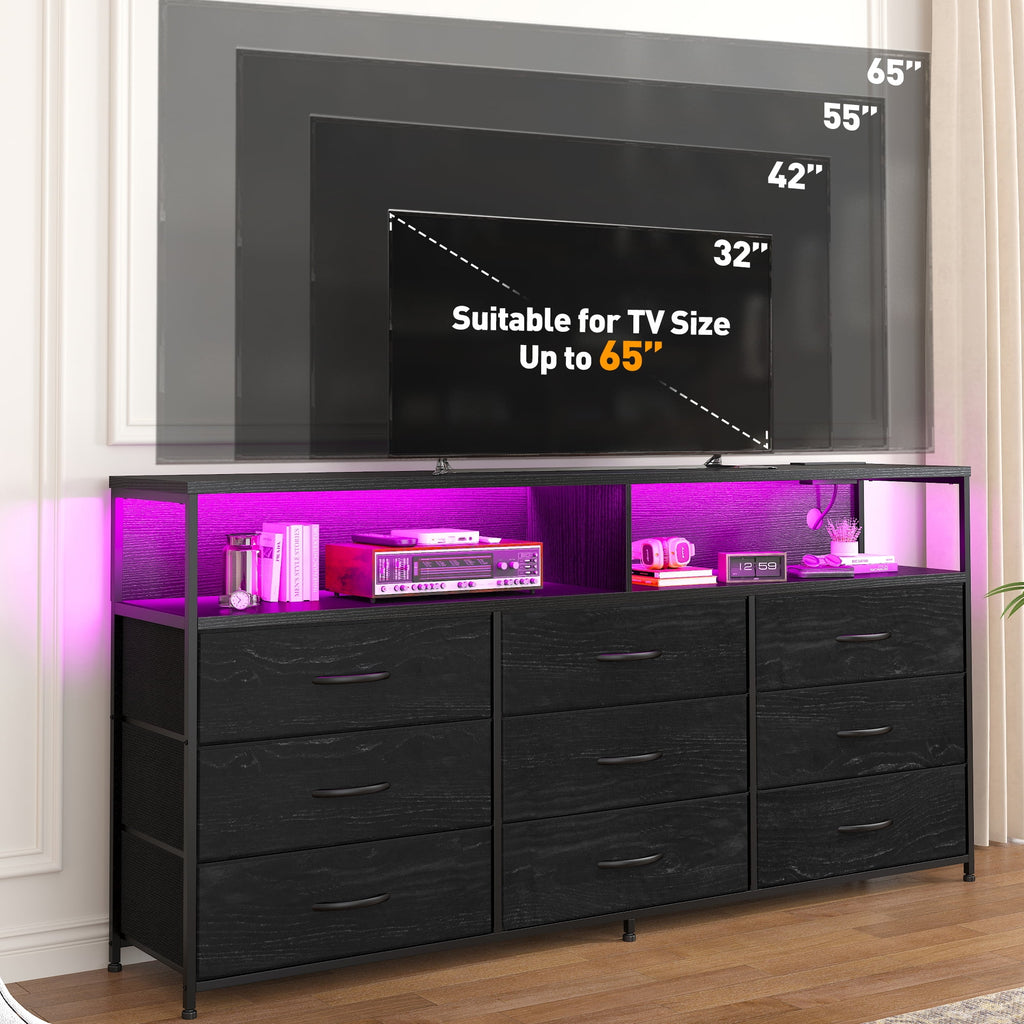 Black Dresser TV Stand with 9 Fabric Drawers & Power Outlet M913249