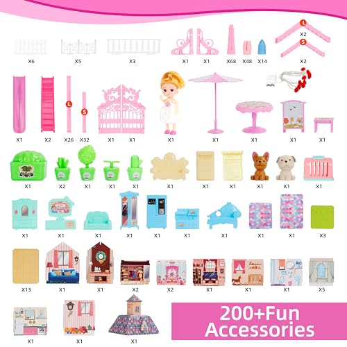 13 Rooms Dollhouse with Dolls Figures, Lights, Puppies, Furnitures, Accessories (Pink) R2313
