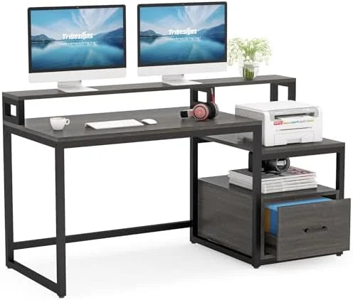 60 inch Computer Desk with File Drawer and Shelves X2881