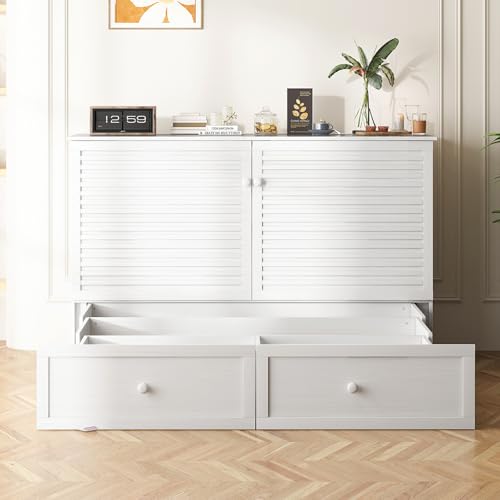 Queen Size White Murphy Bed with Tri-Folding Mattress and Storage Drawer H1958