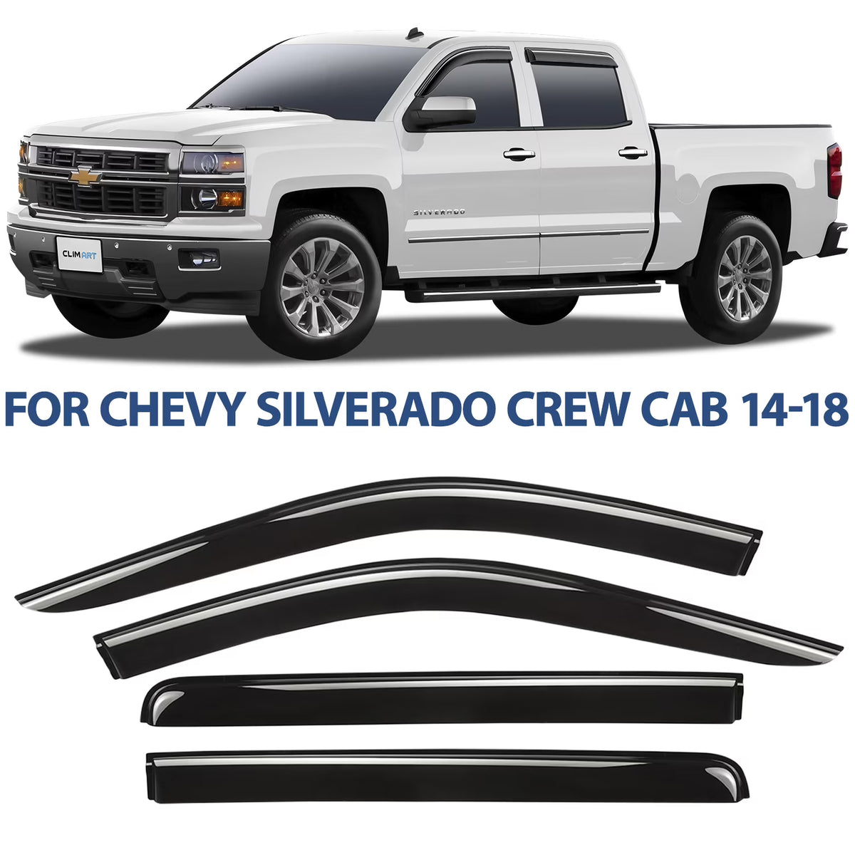 Rain Guards for Chevrolet Silverado 2014-2018 Crew Cab, Tape-on Window Deflectors, 4 pcs. L56677