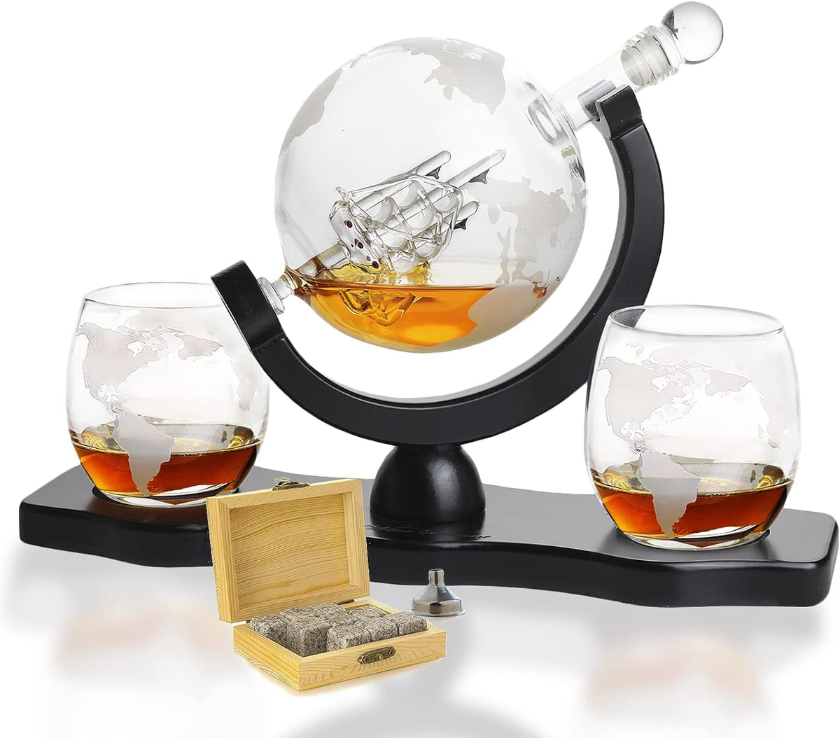 Globe Whiskey Decanter Set with 2 Etched Whisky Glasses and Whiskey Stones 850ml P401
