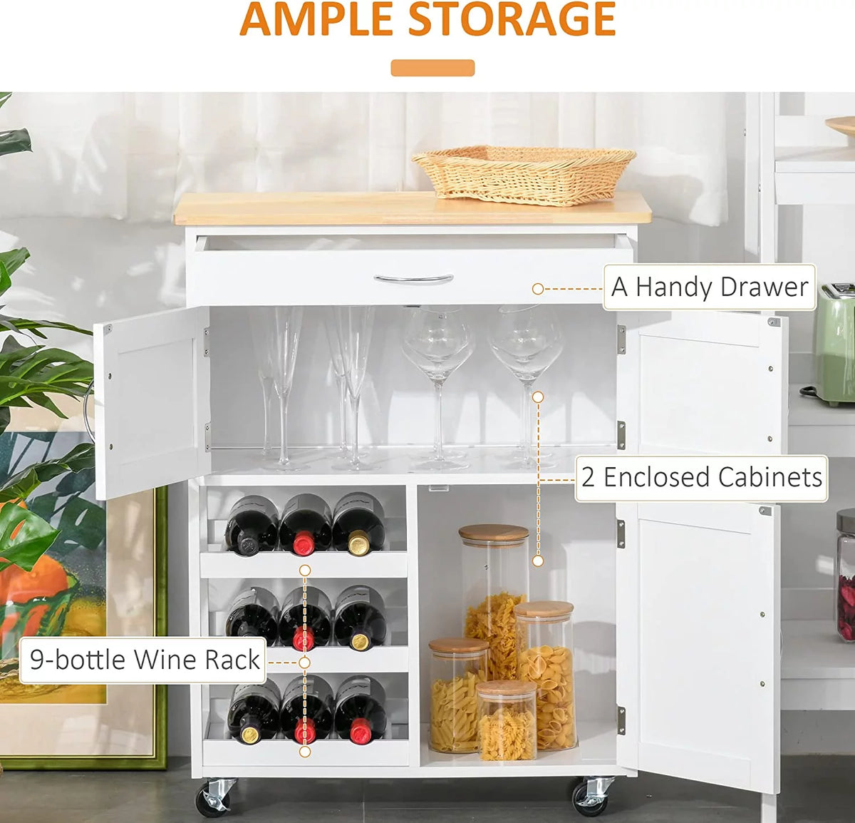 Rolling Kitchen Island with Wine Rack and Drawer W824