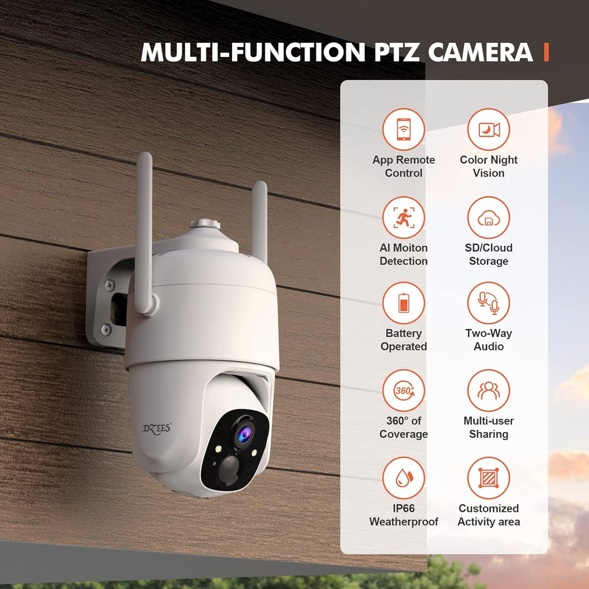 Wireless Security Camera Outdoor WiFi Battery Powered 360° PTZ Color Night Vision IP66 U392942