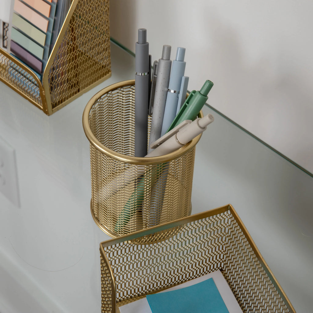 Gold Mesh Metal 6 Piece Set Desktop Organizers and Accessories K2545