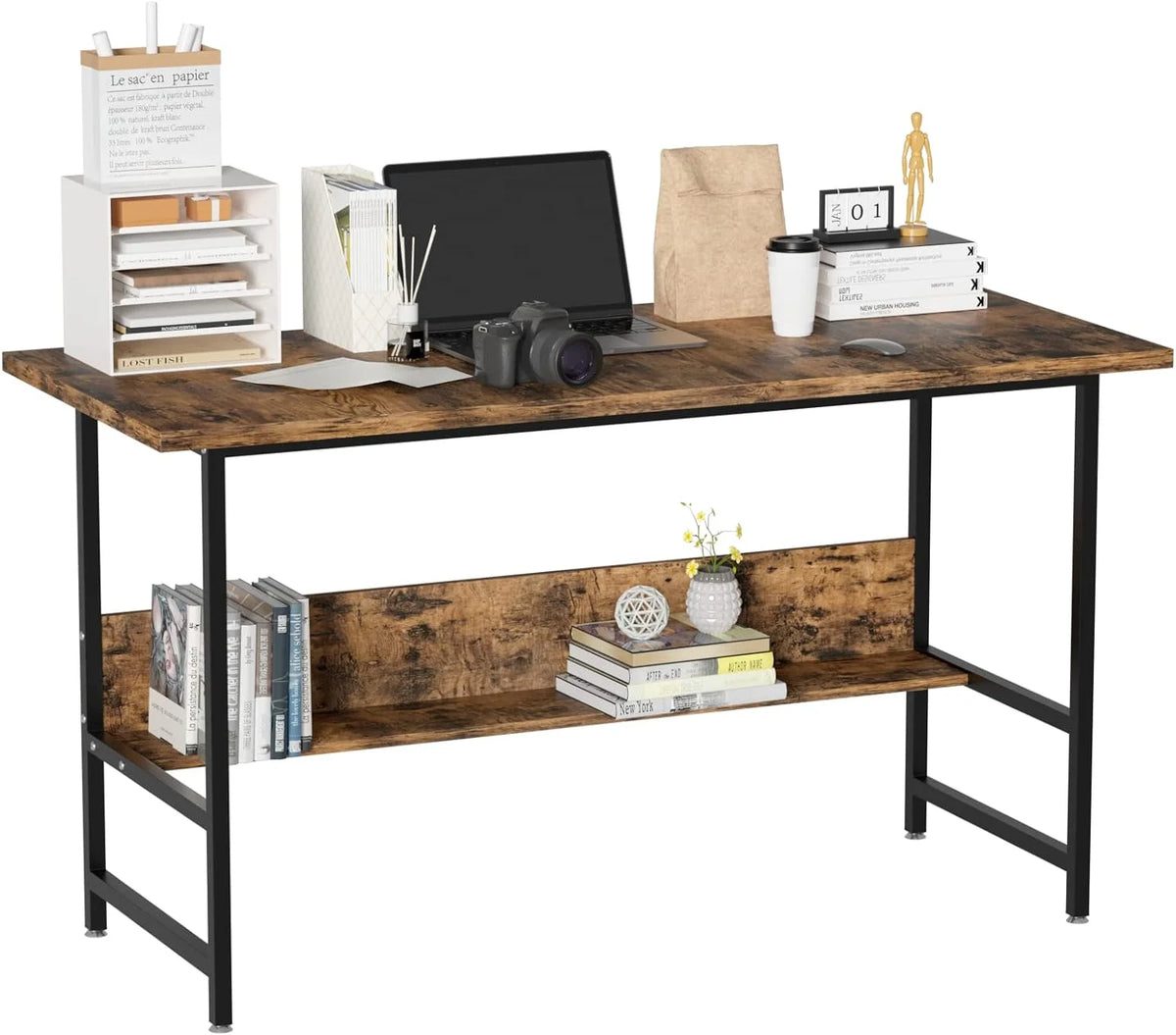 55" Wood Office Desk with Metal Legs and Book Shelf Z1459