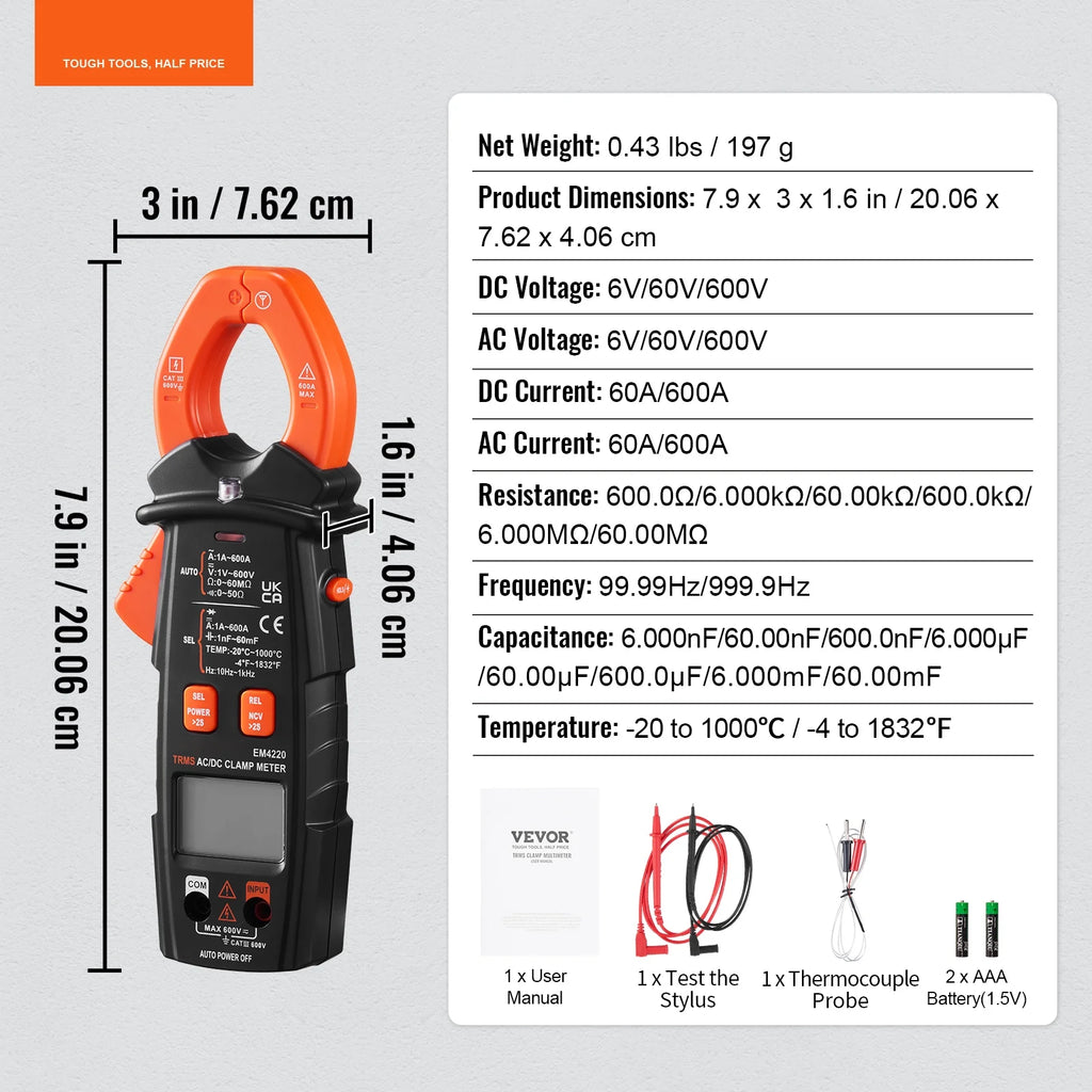 6000 Counts True RMS Digital Clamp Meter M48792