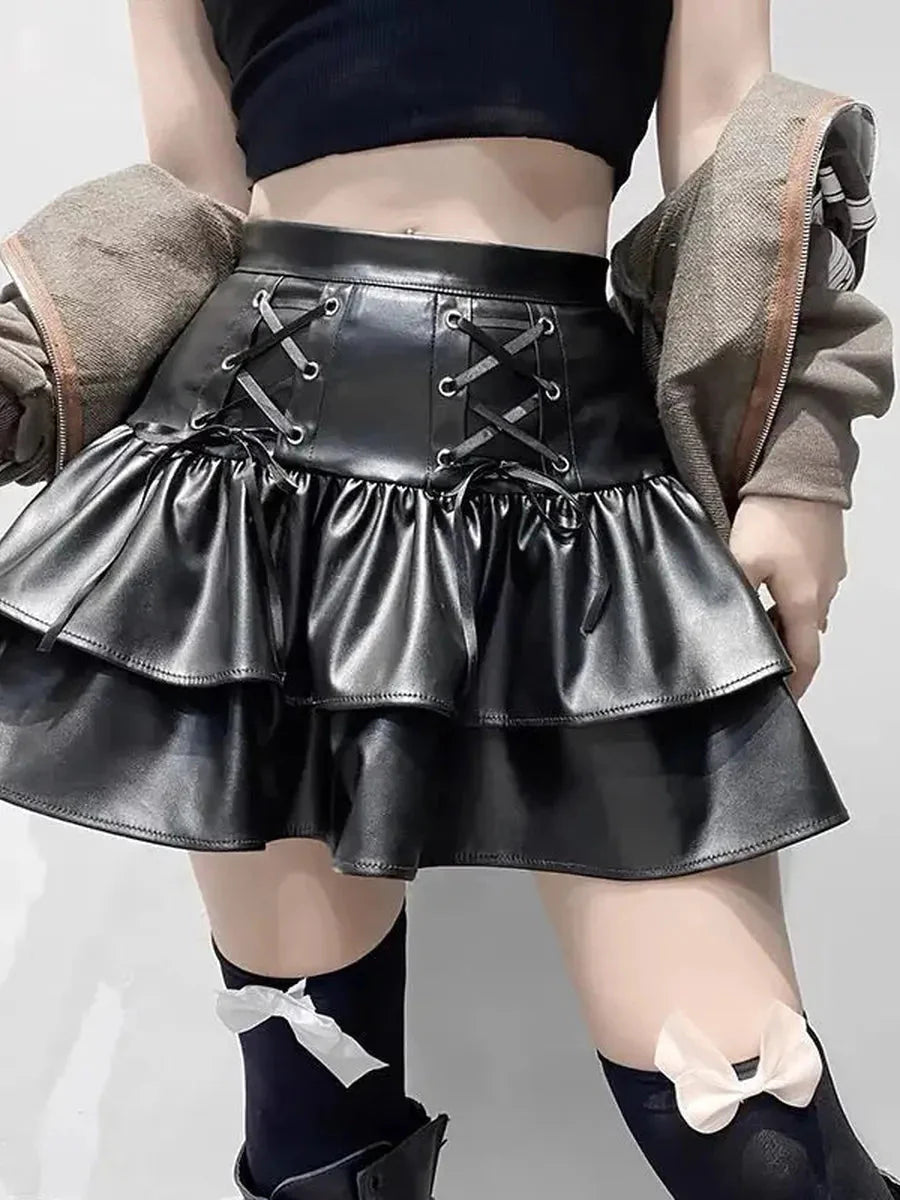 Grunge Lace Up Pu Leather Skirt Q3919