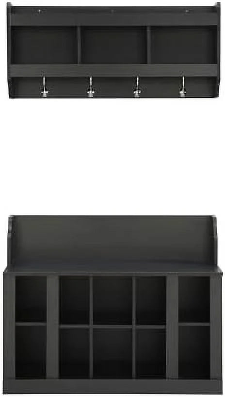 Black Entryway Hall Tree with Shoe Cabinet Bench and 8 Hooks I630