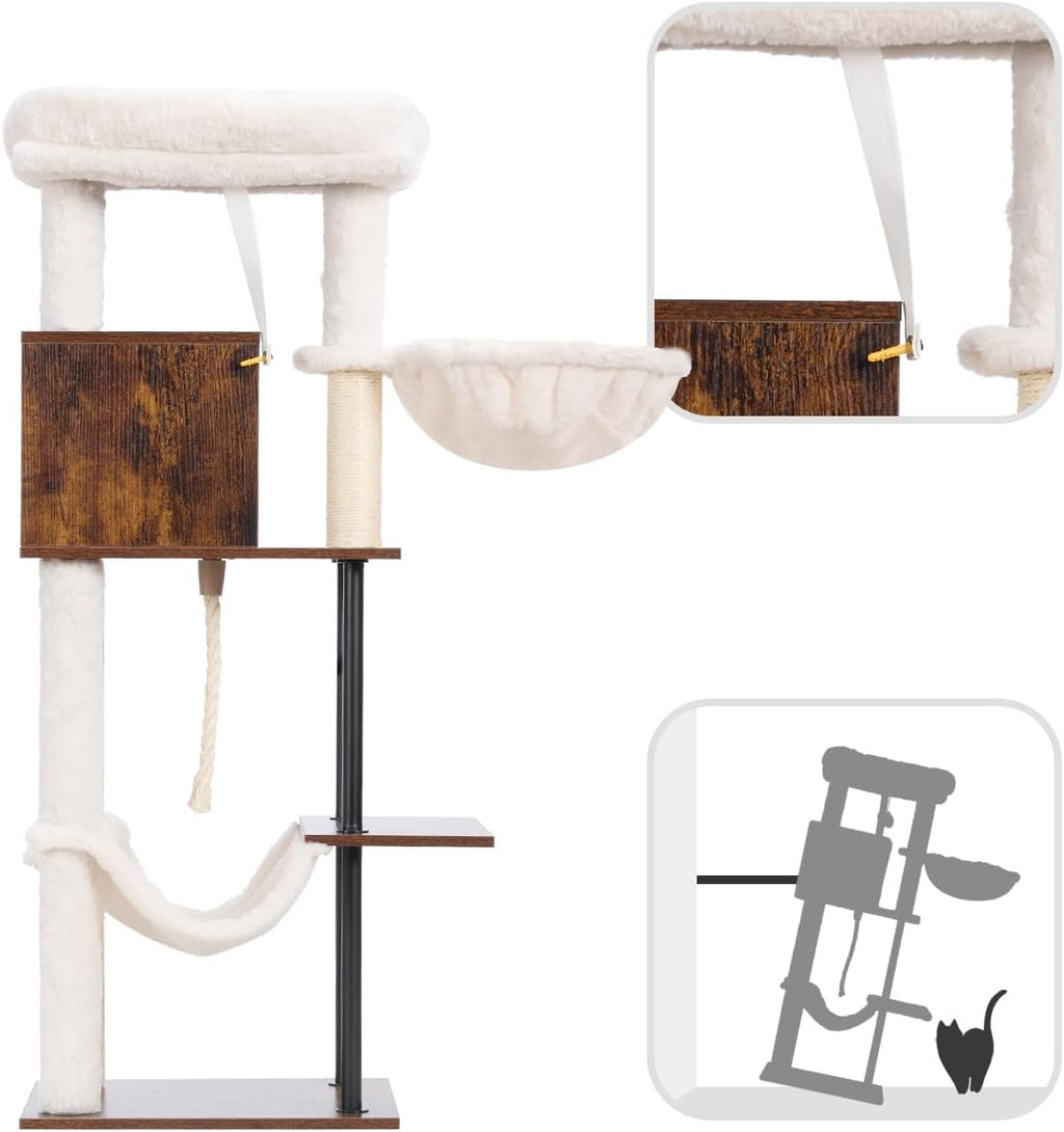 Rustic Brown 43.3in Wood Cat Tree with Sisal Rope Scratching Post Y777096
