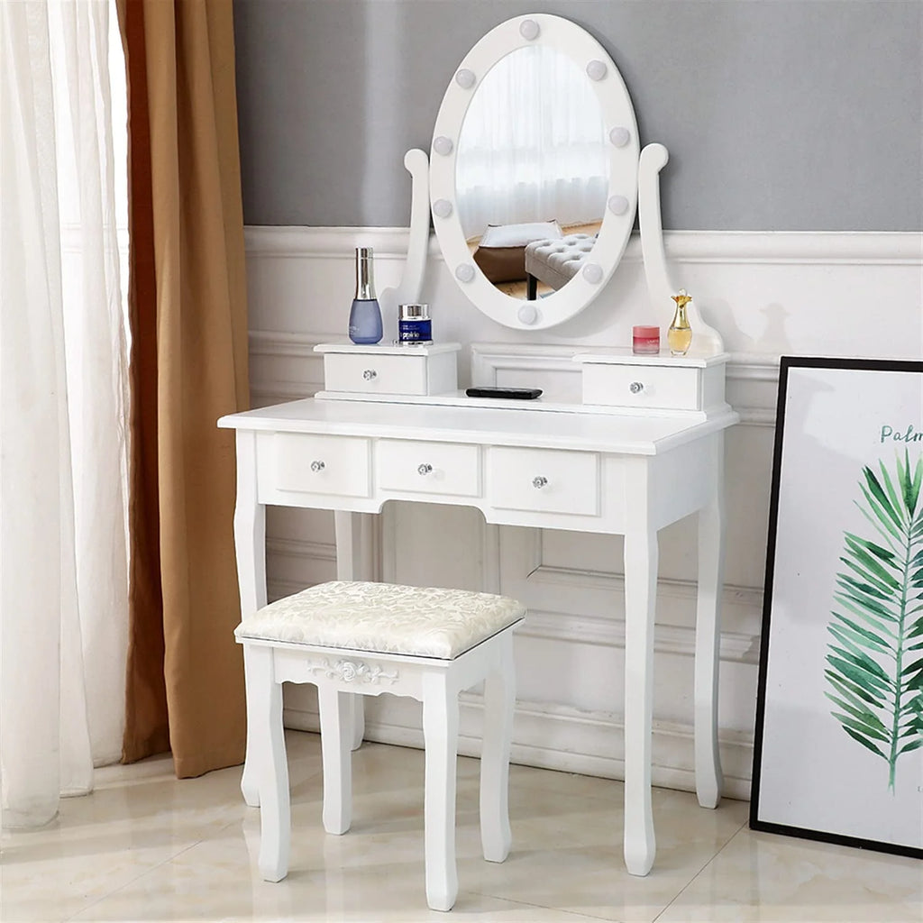 White 5 Drawer Vanity Table with Cushioned Stool Set F9501