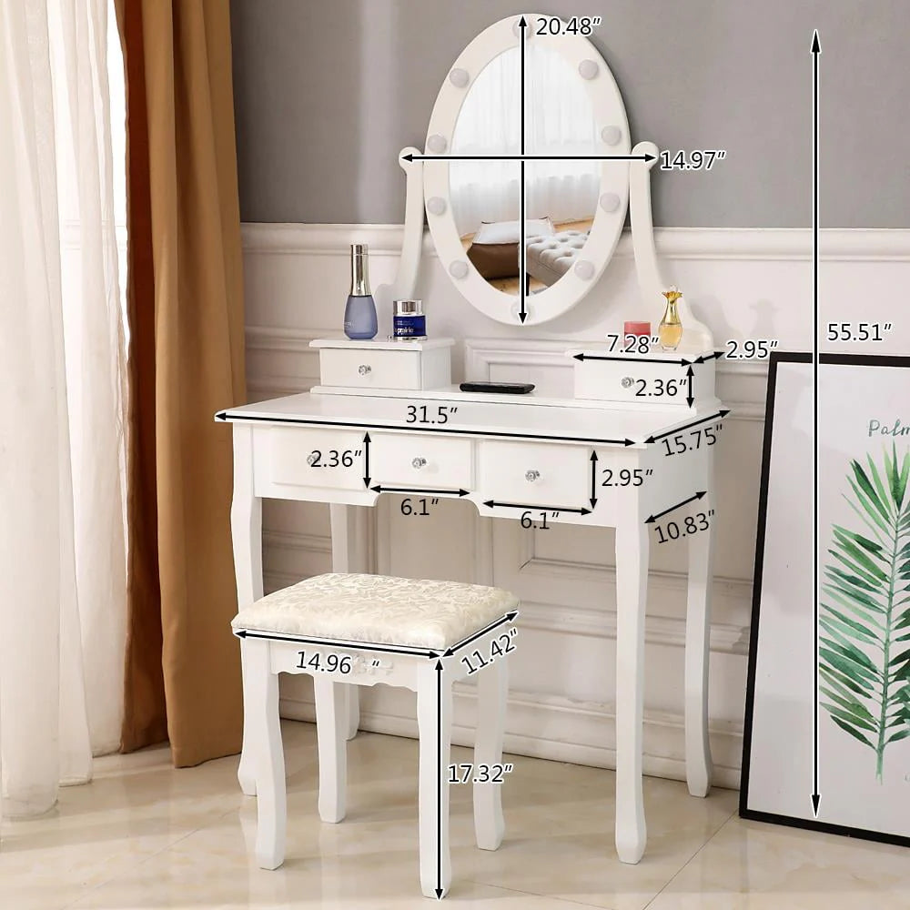 White 5 Drawer Vanity Table with Cushioned Stool Set F9501