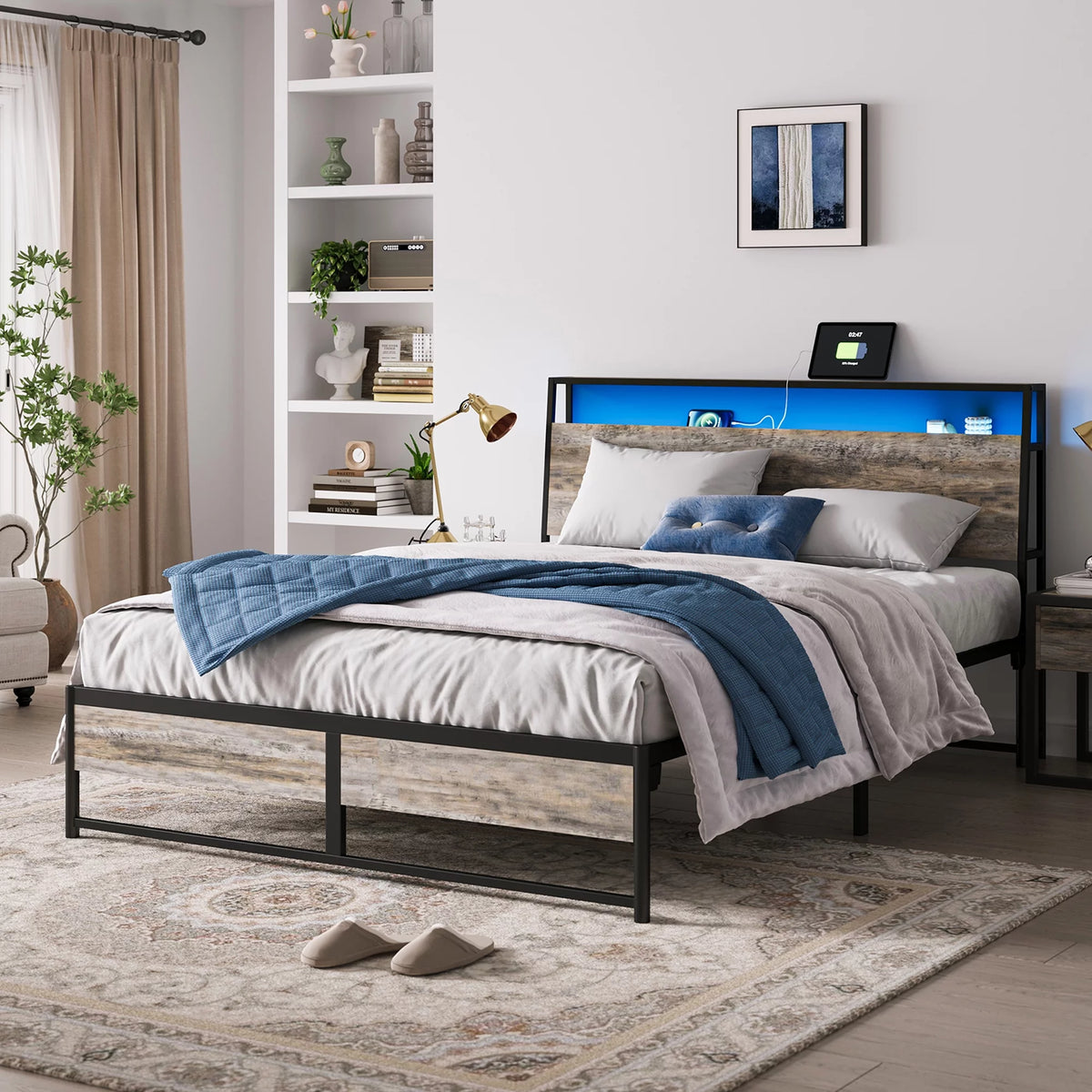 Full Size Metal Platform Bed Frame with Headboard and Storage Shelves U5514