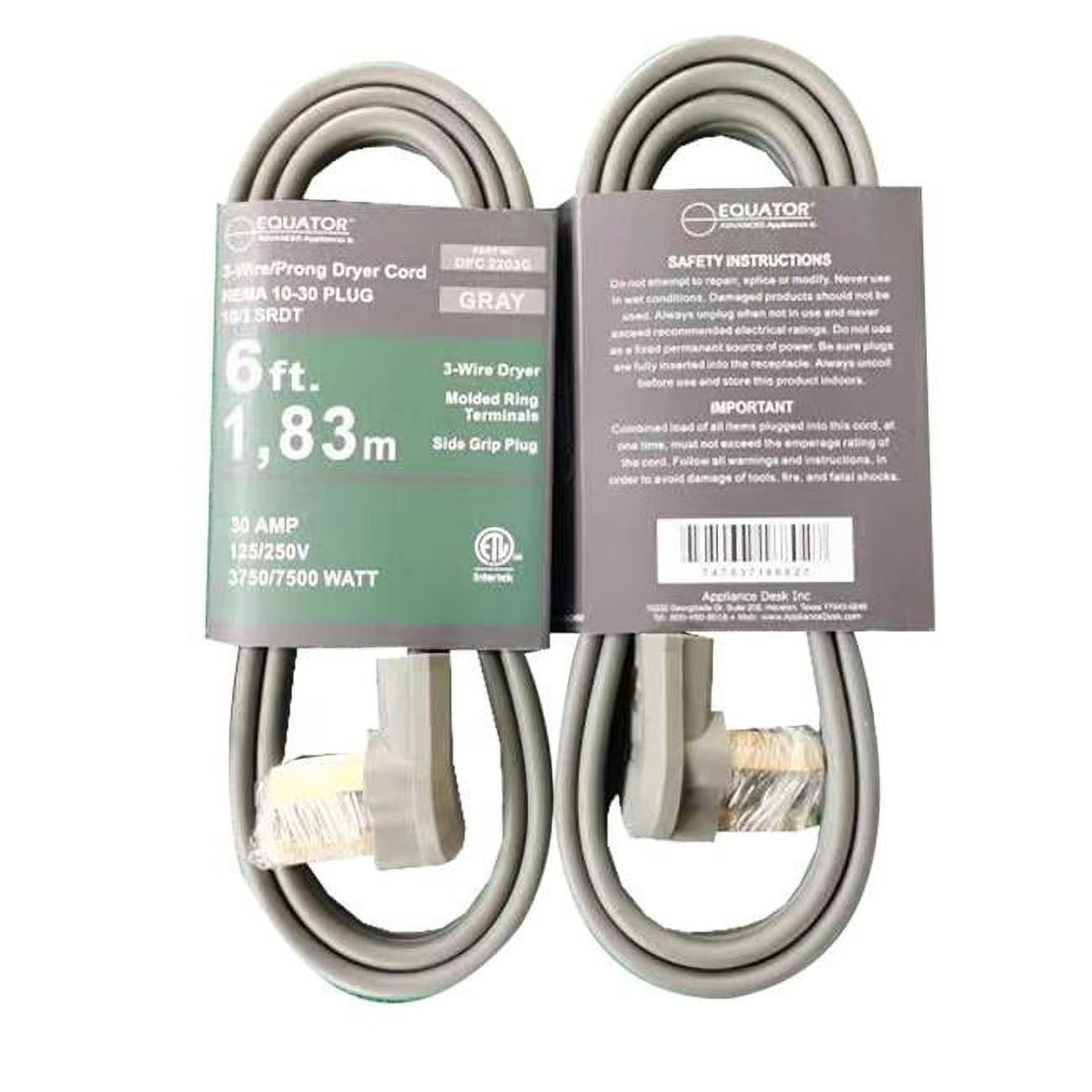 30A 6 ft 3-Prong Dryer Power Cord Grey Q94200