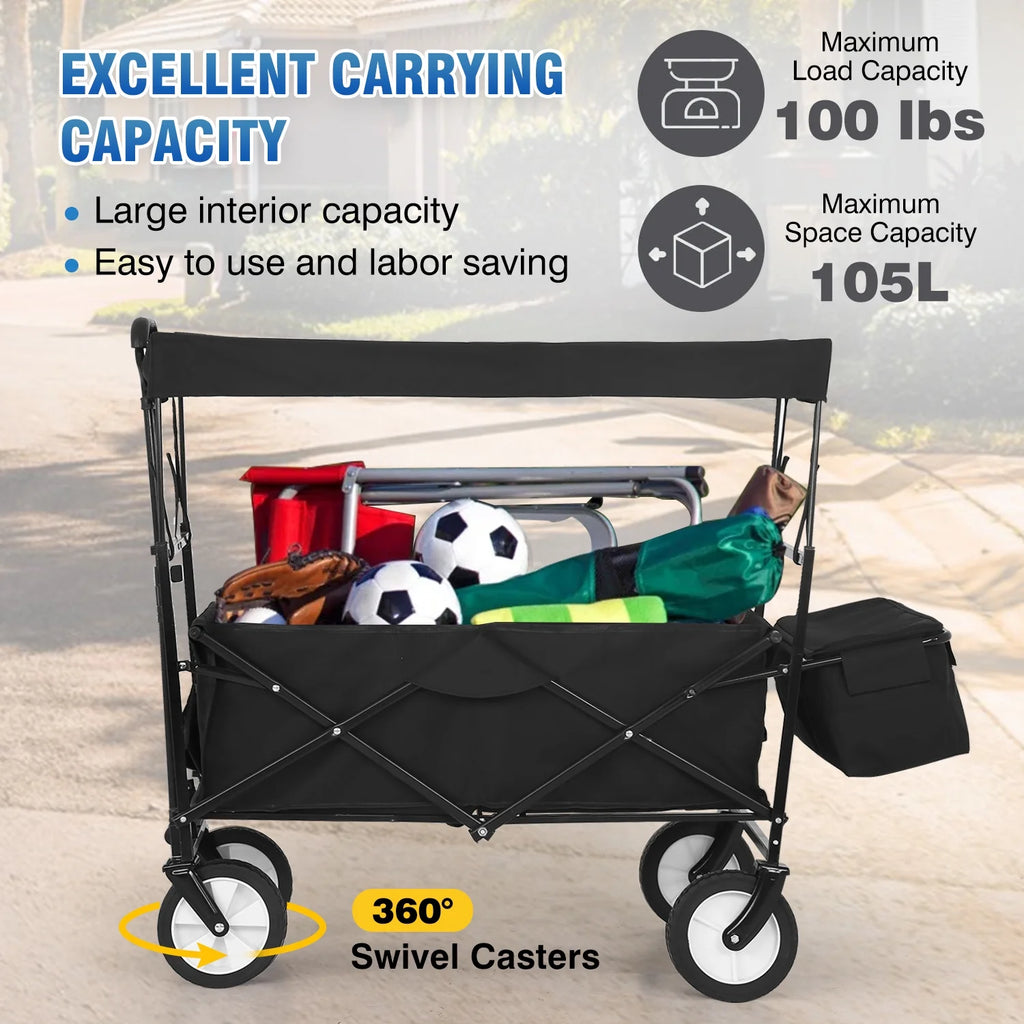 Black Folding Wagon Cart with Removable Canopy X26127