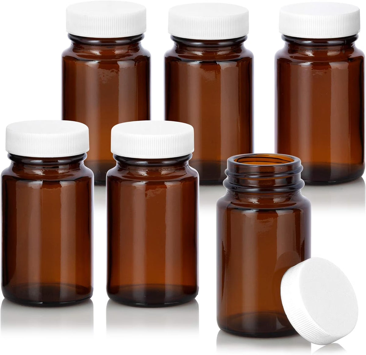 Amber Glass Wide Mouth Packer Bottle With White Ribbed Lid (6 Pack) Y84743