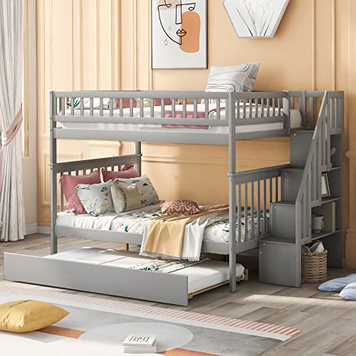 White Solid Wood Twin Size Loft Bed with L-Shaped Desk and Stairs L5945