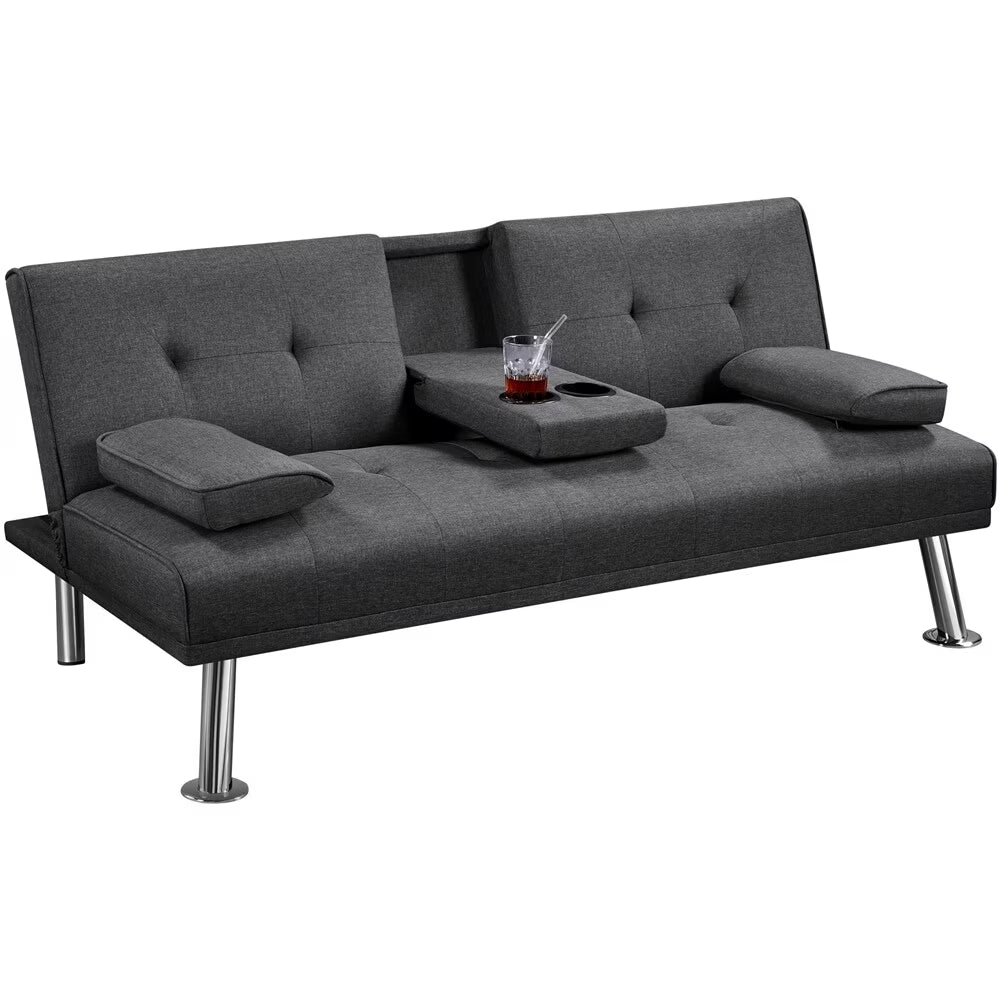 Dark Gray Tufted Fabric Convertible Futon Sofa Bed U8837