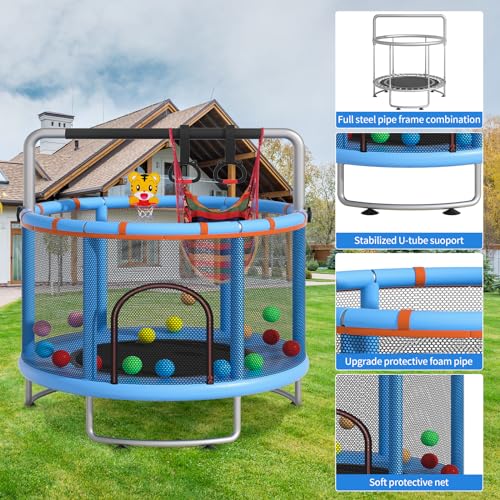 55" Small Trampoline with Enclosure Net and Basketball Hoops N69160